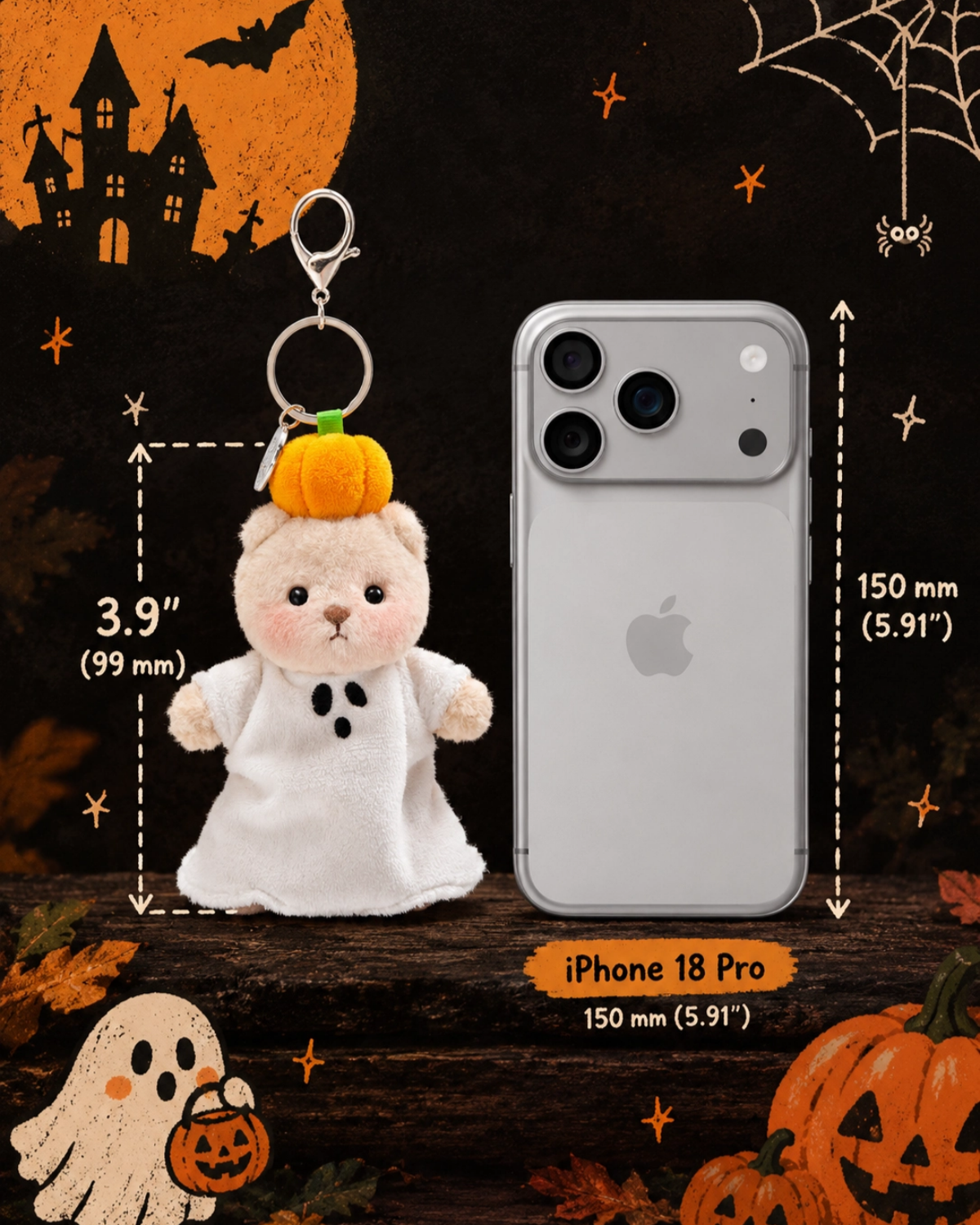 Getahug 3.9" Halloween Pumpkin Ghost Mini Bear Keychain | Halloween Limited Edition Fixed-limb Pocket Plush Bag Charm Gift