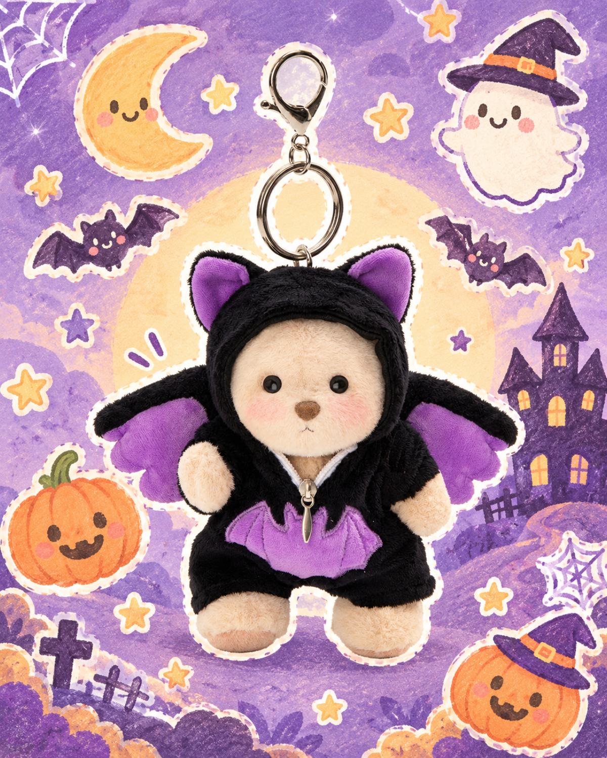 Getahug Midnight Bat Mini Bear Keychain | 5.9 Inches Stuffed Animal Bag Charm Halloween Gift