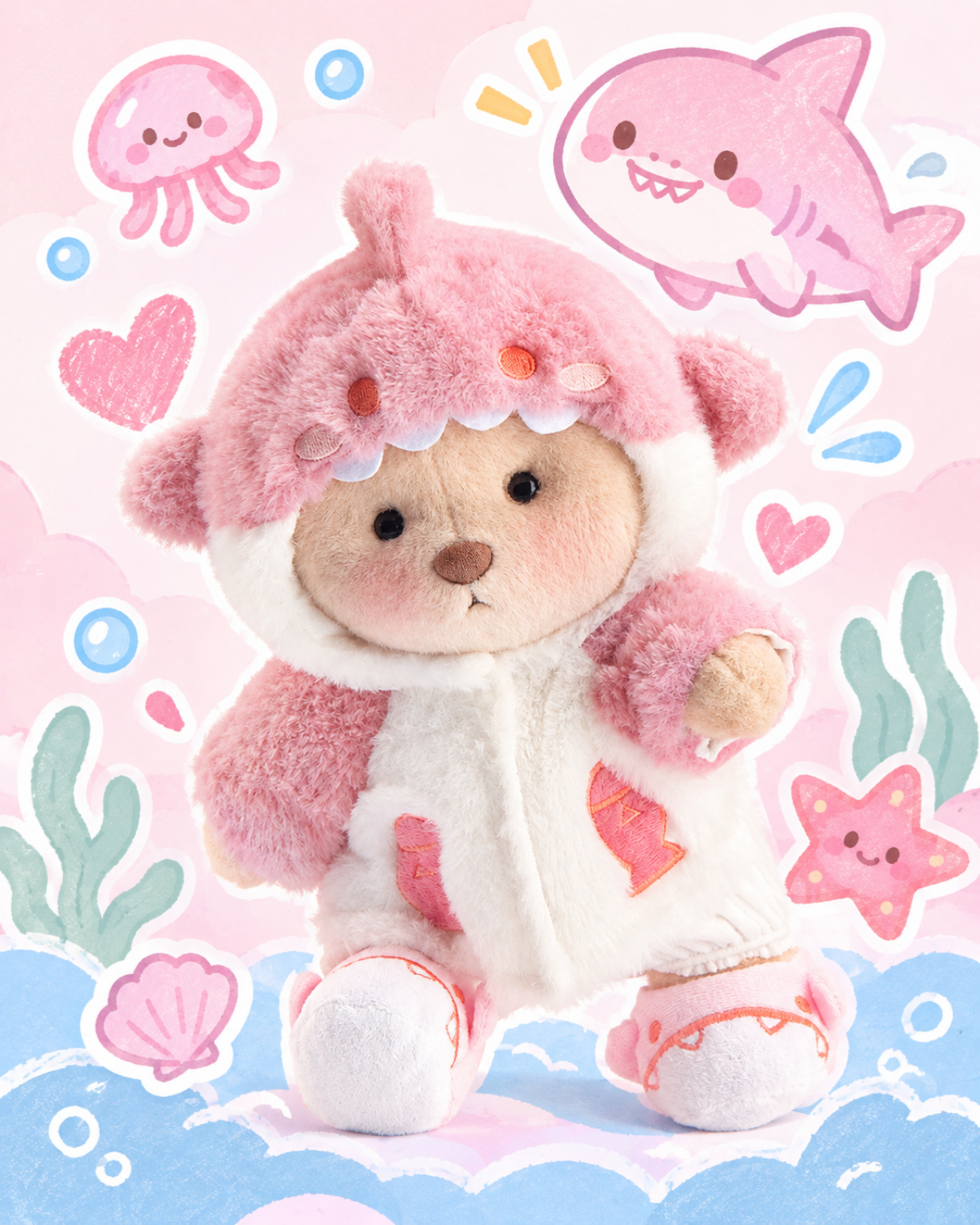 Getahug Fluffy Pink Shark Bear | Handmade Jointed Teddy Bear Gift