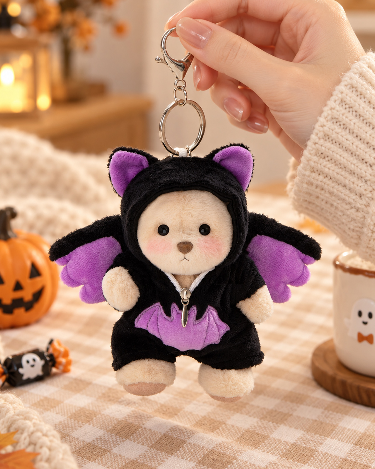 Getahug Midnight Bat Mini Bear Keychain | 5.9 Inches Stuffed Animal Bag Charm Halloween Gift