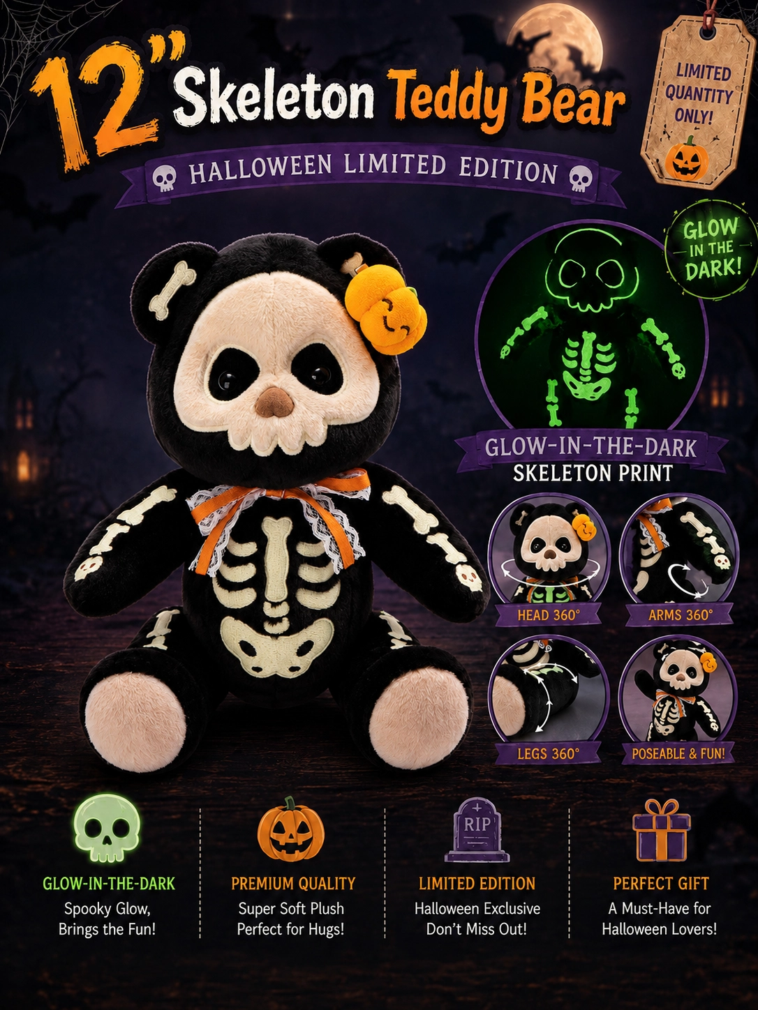 Getahug Halloween Glow-in-the-Dark Skeleton Teddy Bear | Halloween Limited Edition Handmade Jointed Stuffed Animal Gift (Pre-sale)