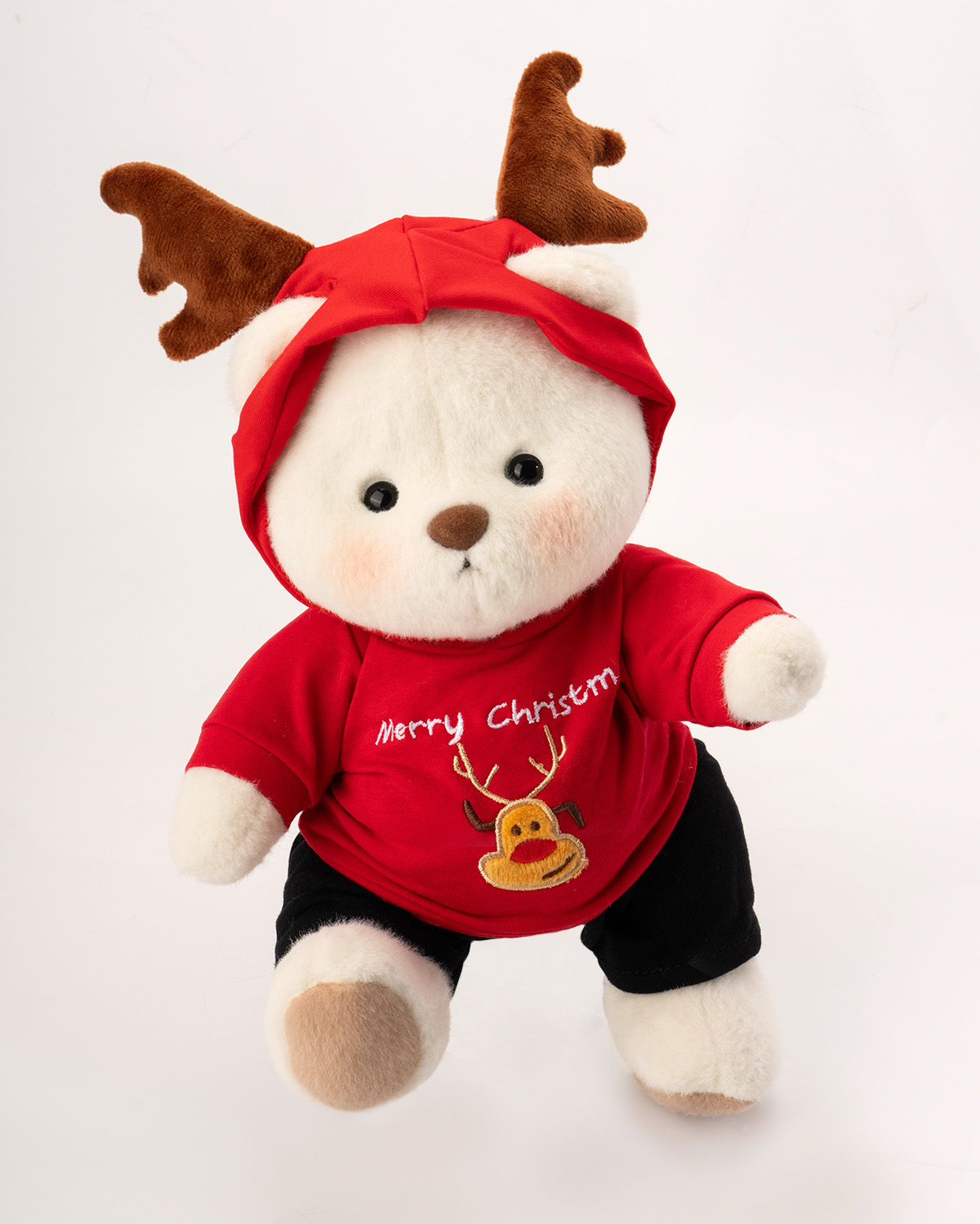 Getahug Christmas Red Sweatshirt Antlers White Teddy Bear | Handmade Jointed Toy Gift