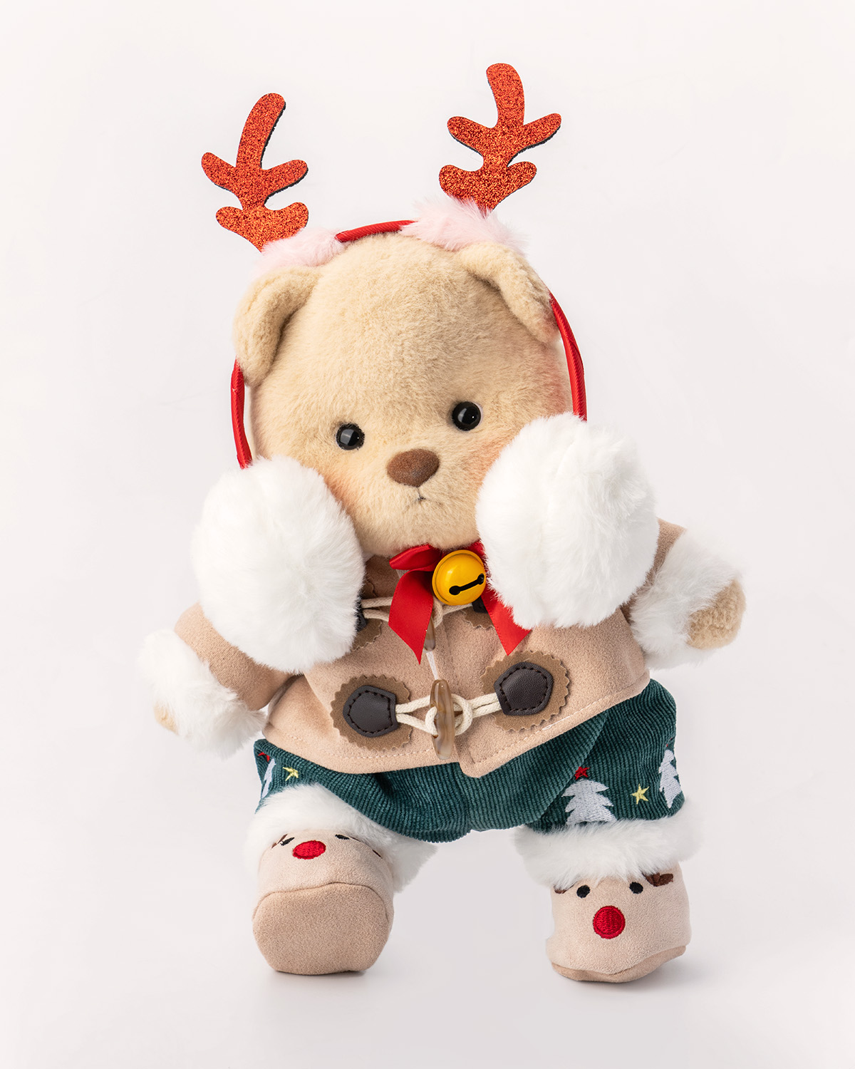 Getahug Christmas Antler Earmuffs White Teddy Bear | Handmade Jointed Toy Gift