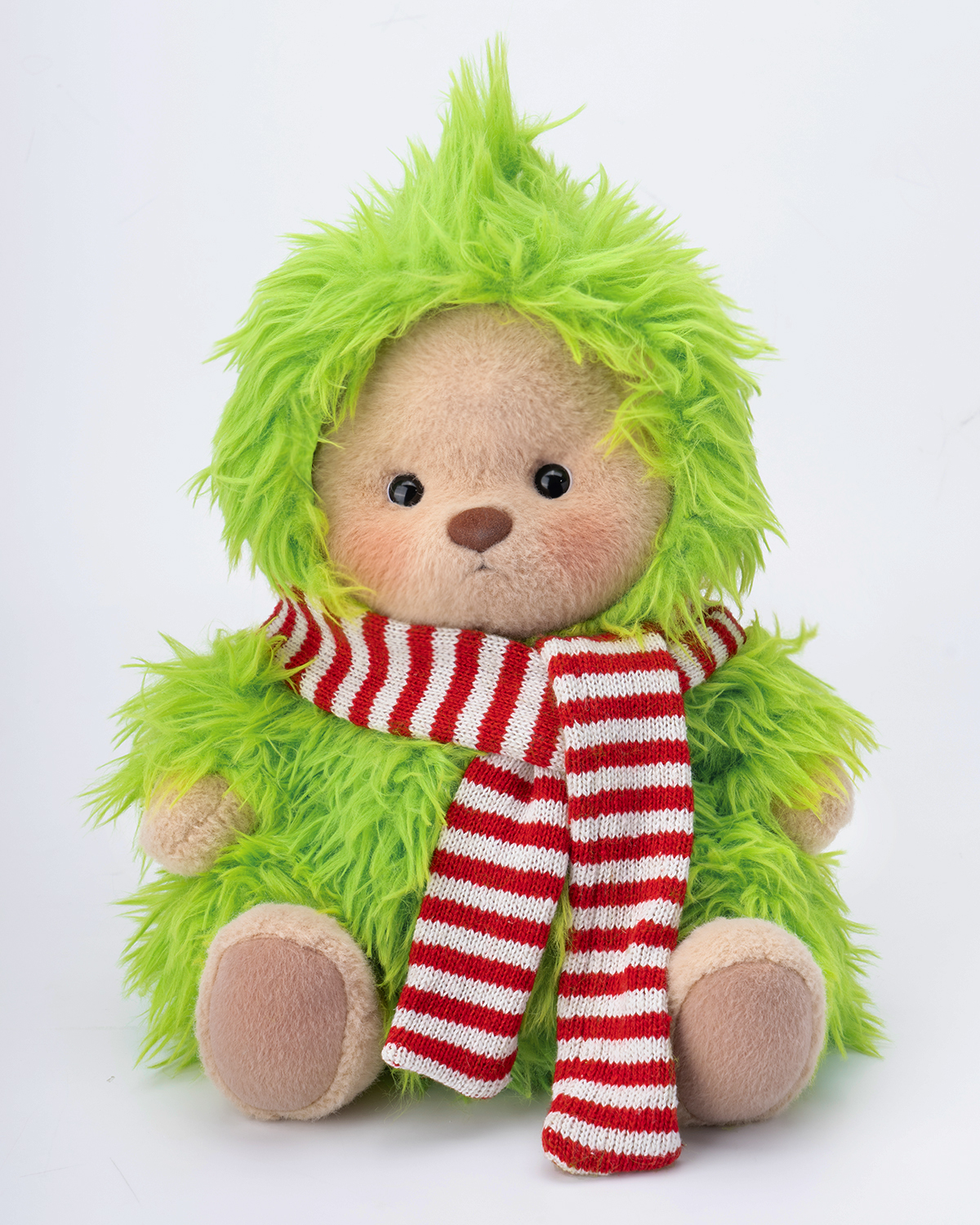 Getahug Christmas Green Fluffy Little Monster White Teddy Bear | Handmade Stuffed Animal Gift