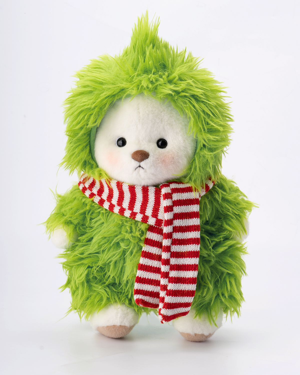 Getahug Christmas Green Fluffy Little Monster White Teddy Bear | Handmade Stuffed Animal Gift