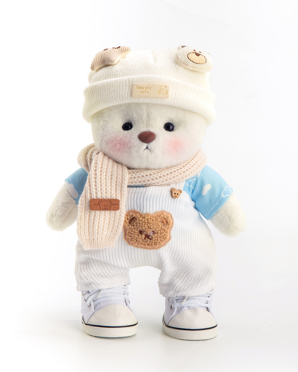 Getahug Cool Overalls White Teddy Bear | Handmade Jointed