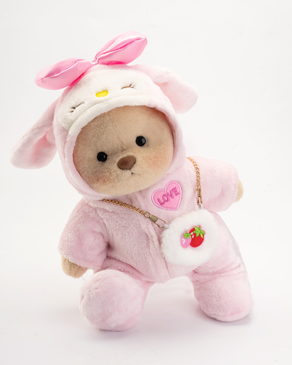 Getahug Love Strawberry White Teddy Bear | Handmade Jointed Toy Gift