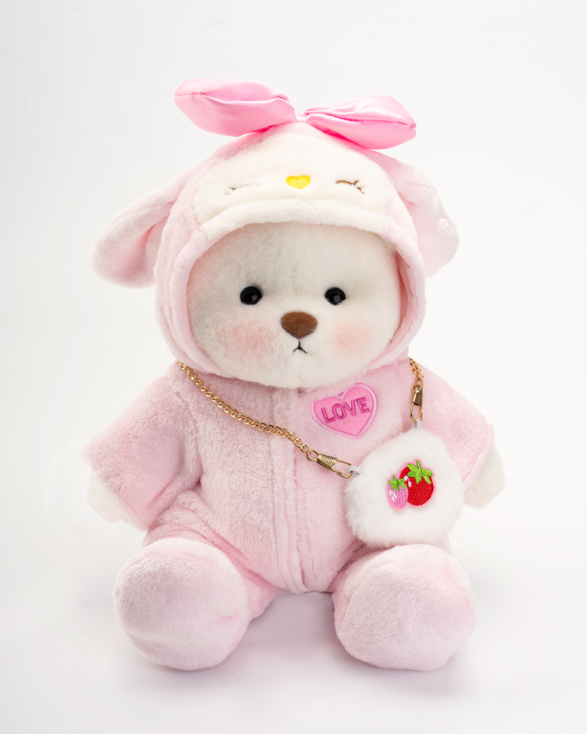 Getahug Love Strawberry White Teddy Bear | Handmade Jointed Toy Gift