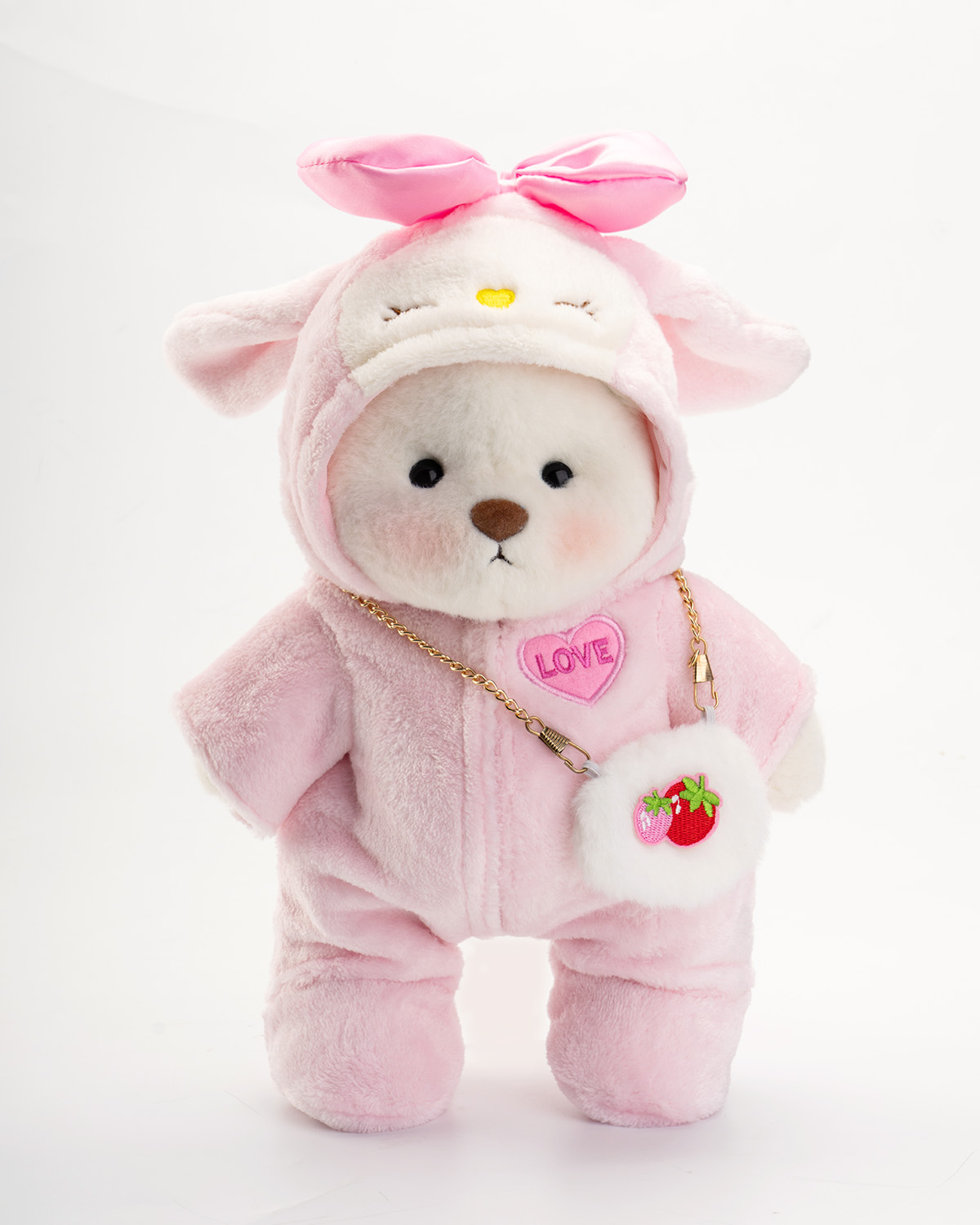 Getahug Love Strawberry White Teddy Bear | Handmade Jointed Toy Gift