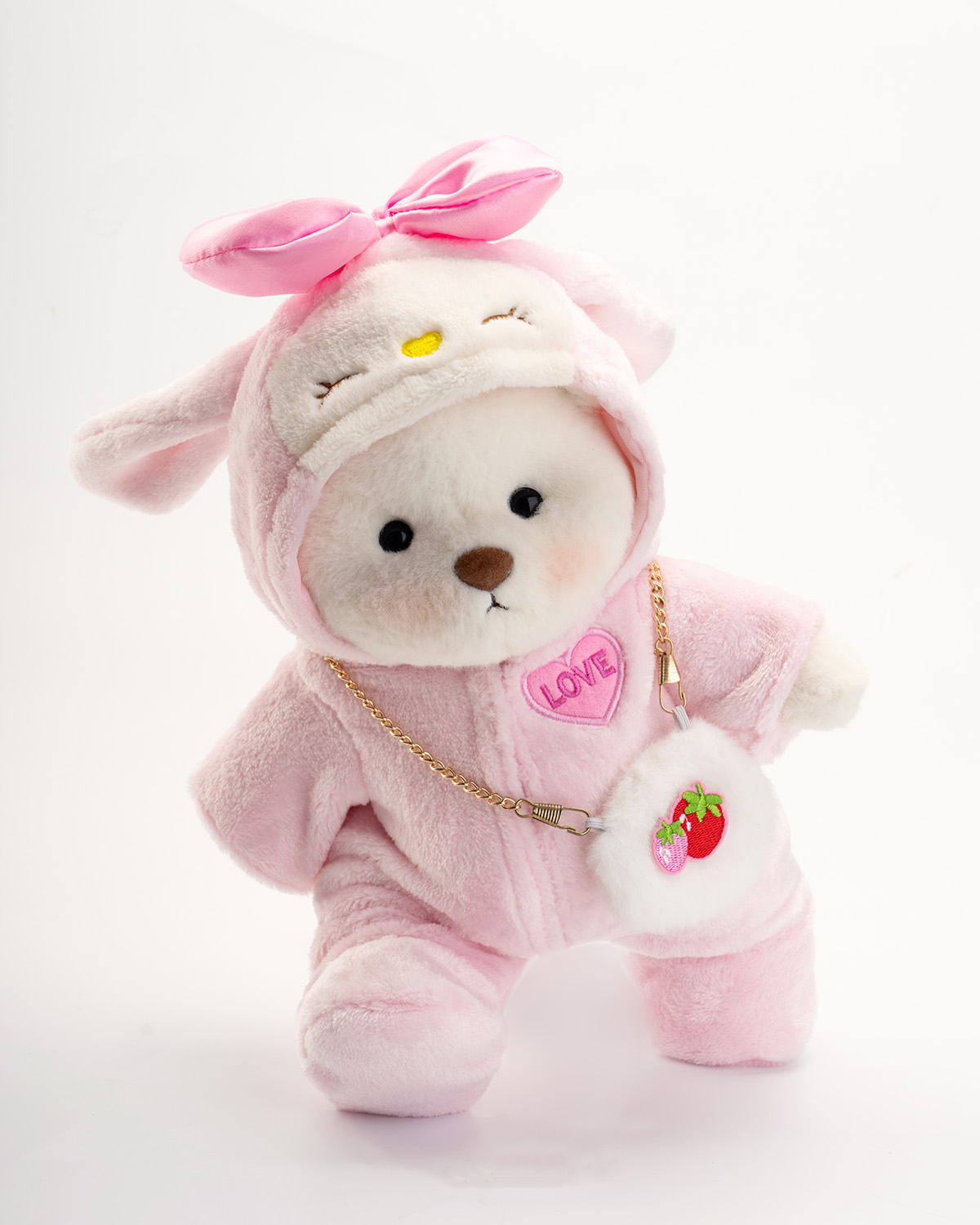 Getahug Love Strawberry White Teddy Bear | Handmade Jointed Toy Gift
