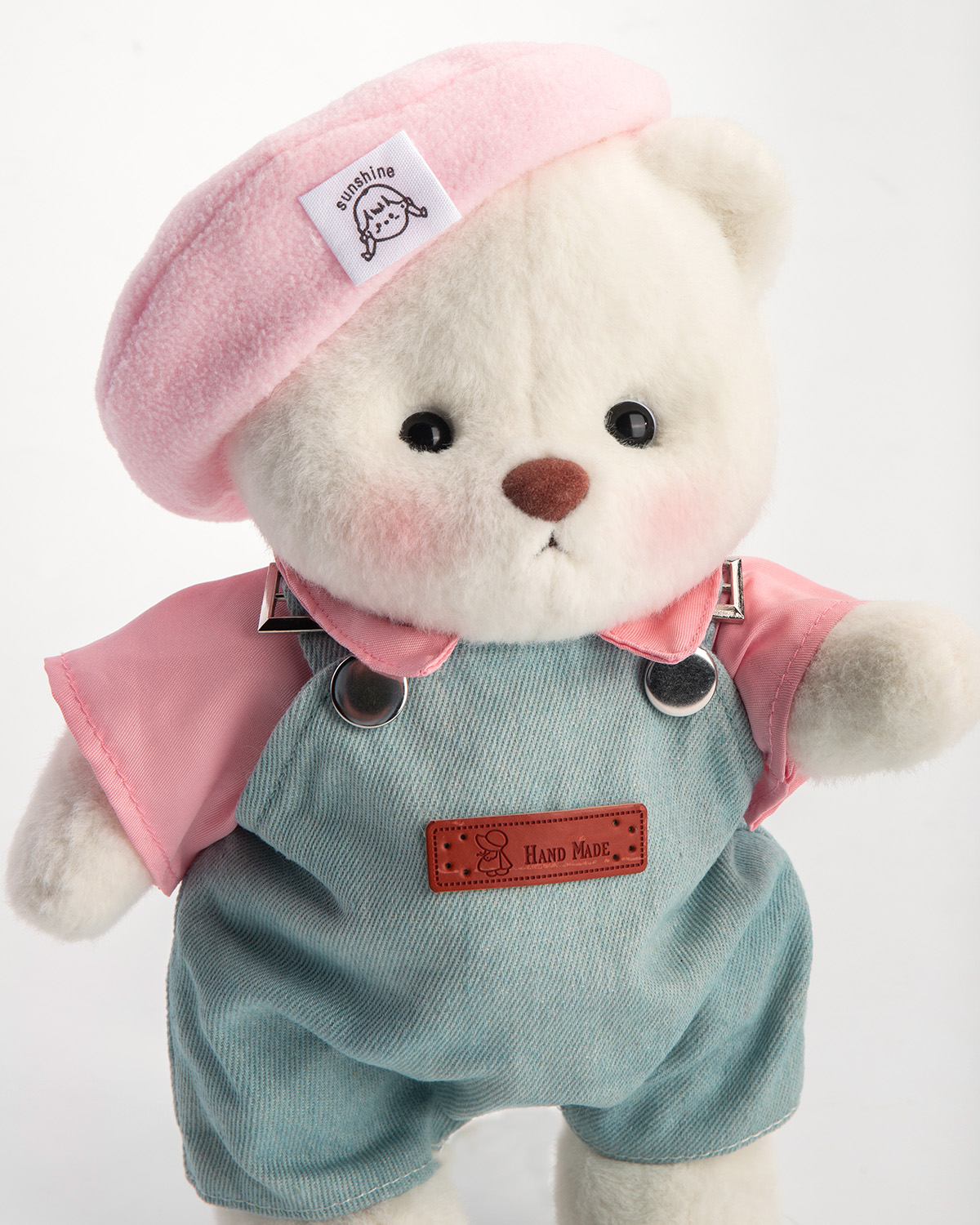 Getahug Pink Beanie Overalls White Teddy Bear | Handmade Jointed Toy Gift