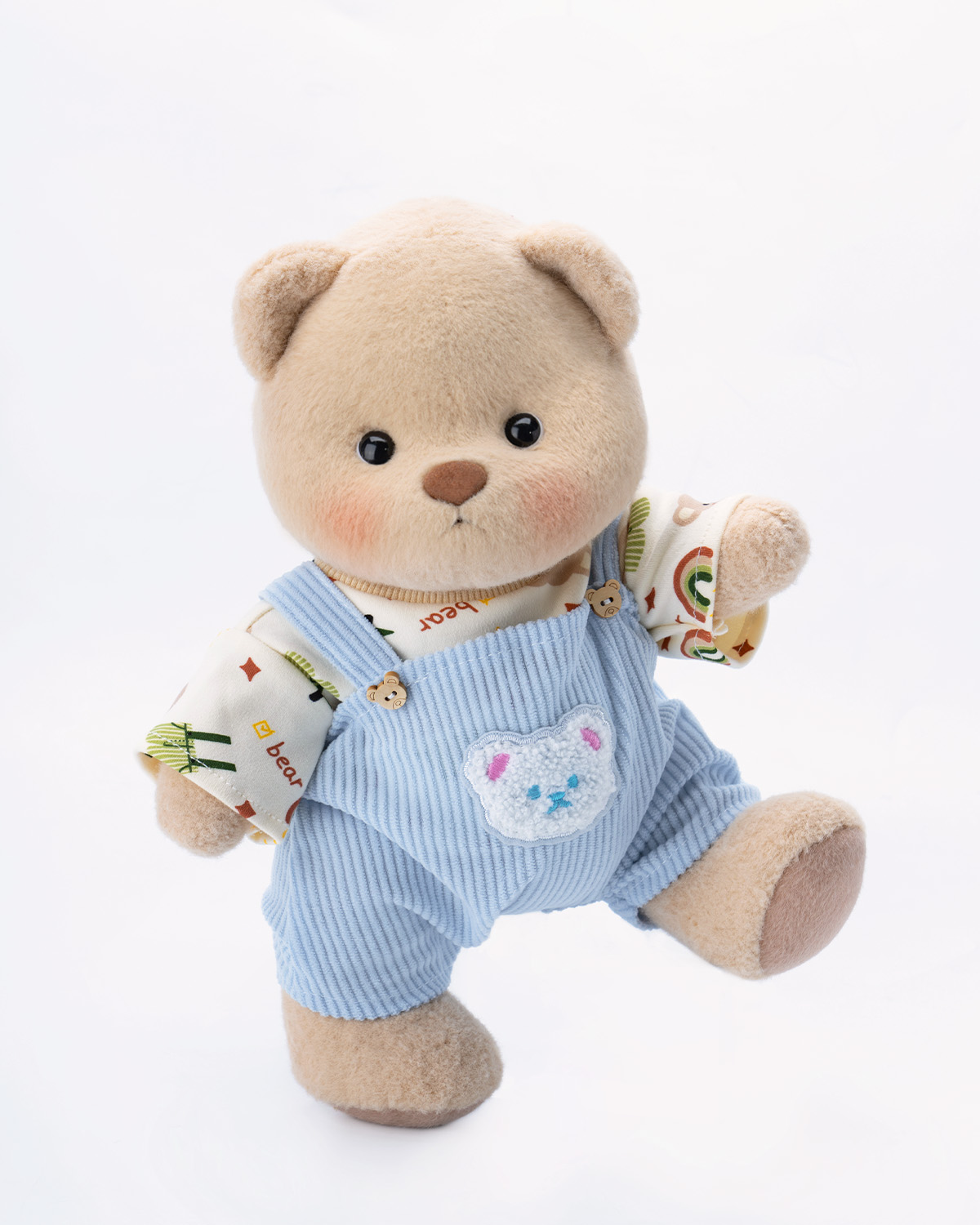 Getahug Printed Top Blue Overalls Bear | Handmade Jointed Teddy Bear Gift