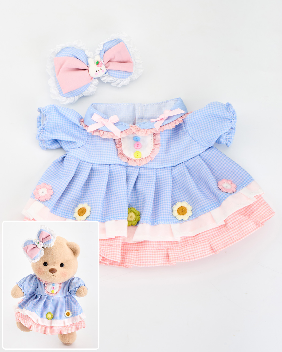 Sky Blue Plaid Flower Dress Set(Outfit Only) | Teddy Bear Clothes