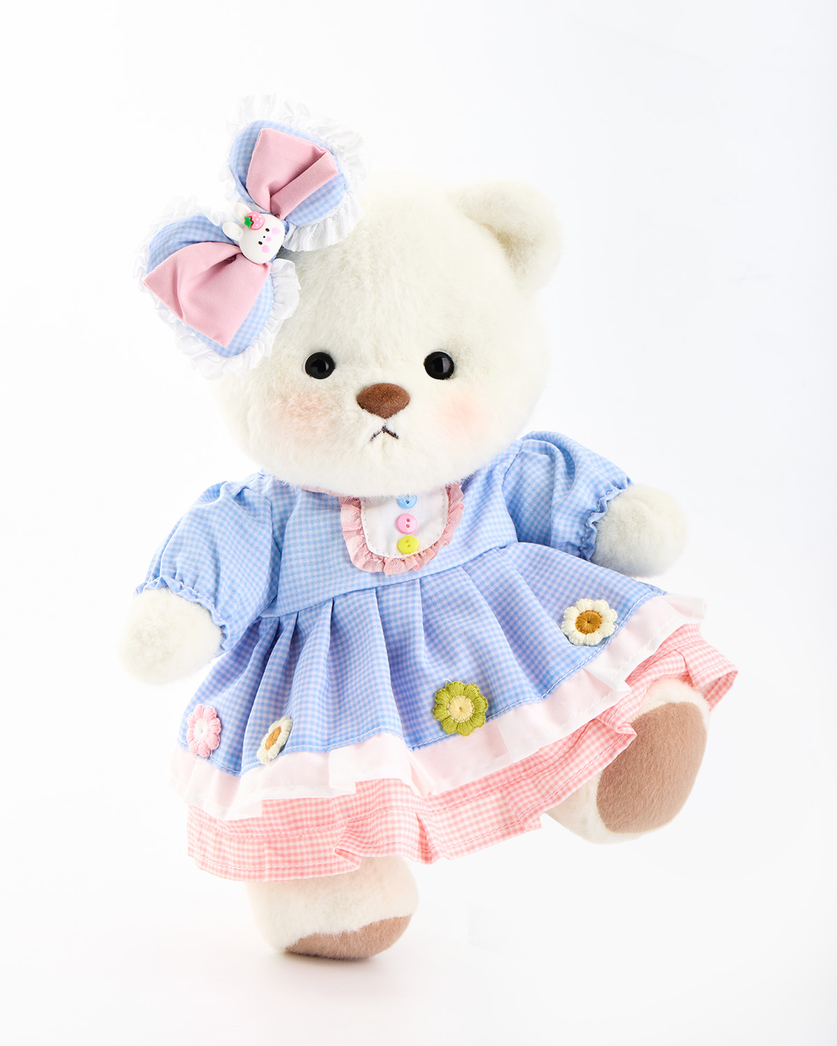 Getahug Sky Blue Plaid Flower Dress White Teddy Bear | Handmade Stuffed Animal Gift