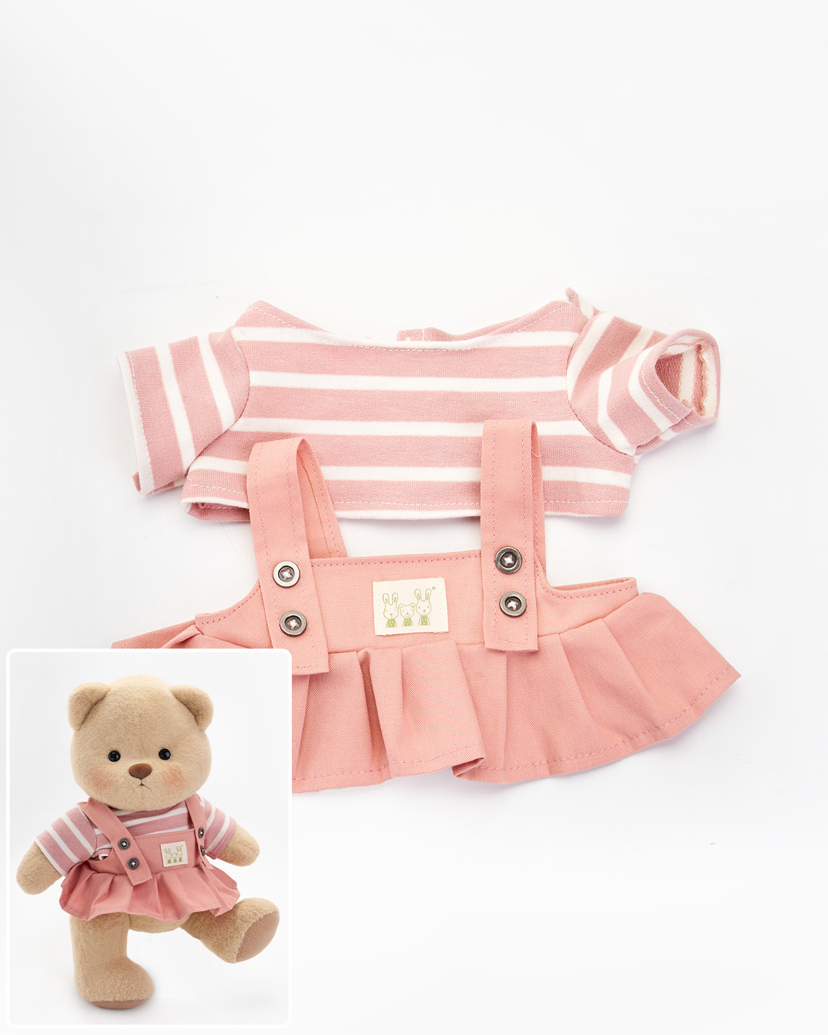 Getahug Striped Top Pink Overalls Dress White Teddy Bear | Handmade Stuffed Animal Gift