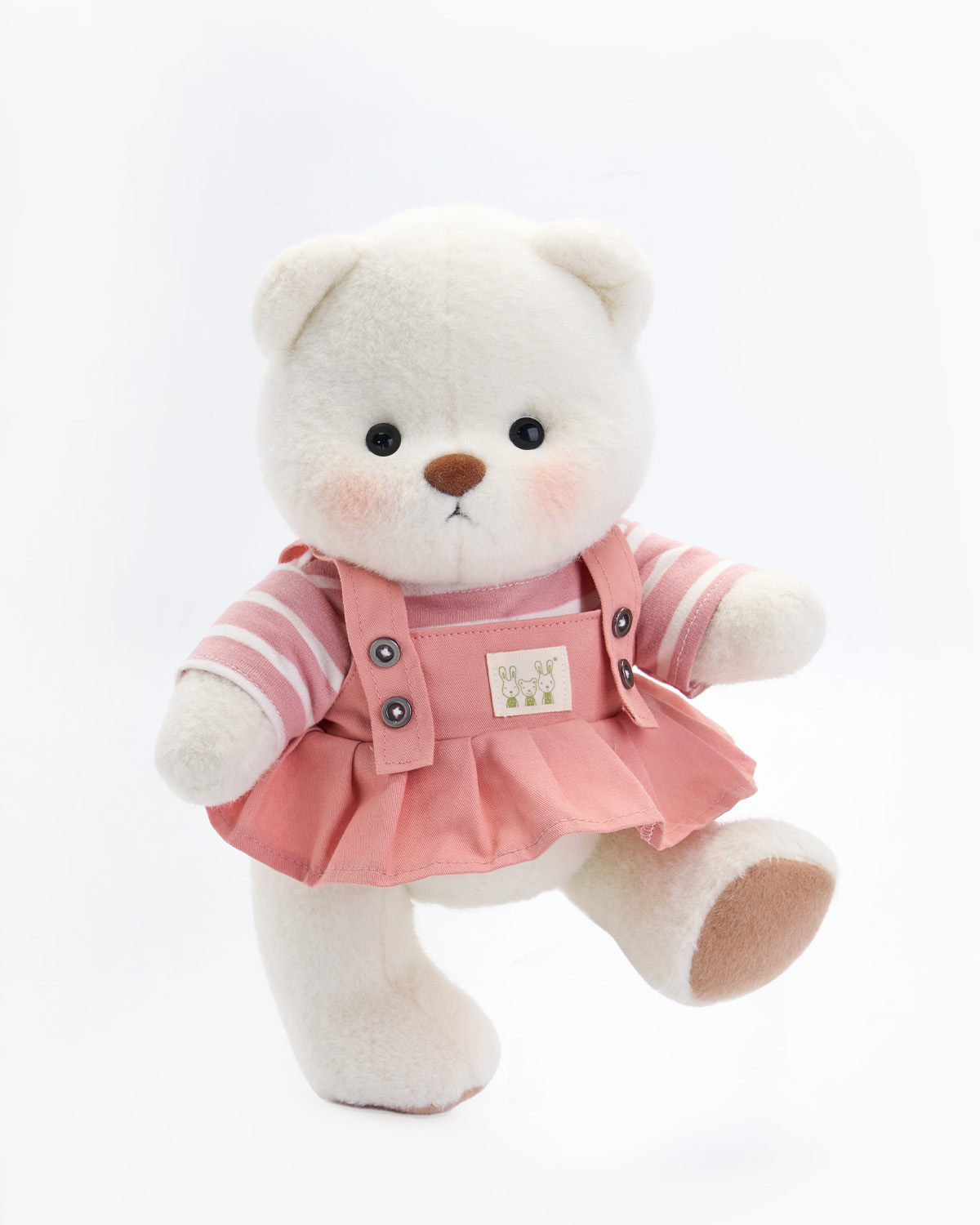 Getahug Striped Top Pink Overalls Dress White Teddy Bear | Handmade Stuffed Animal Gift