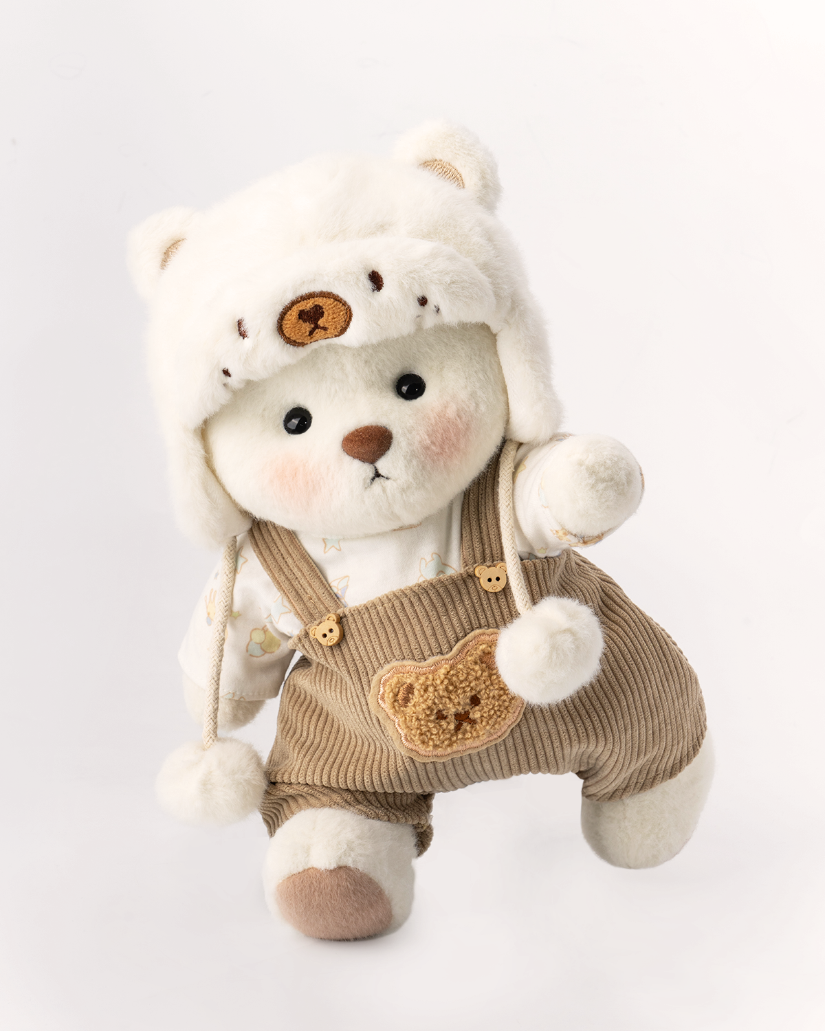 Getahug White Mink Hat Brown Overalls Bear | Handmade Jointed Teddy Bear Gift