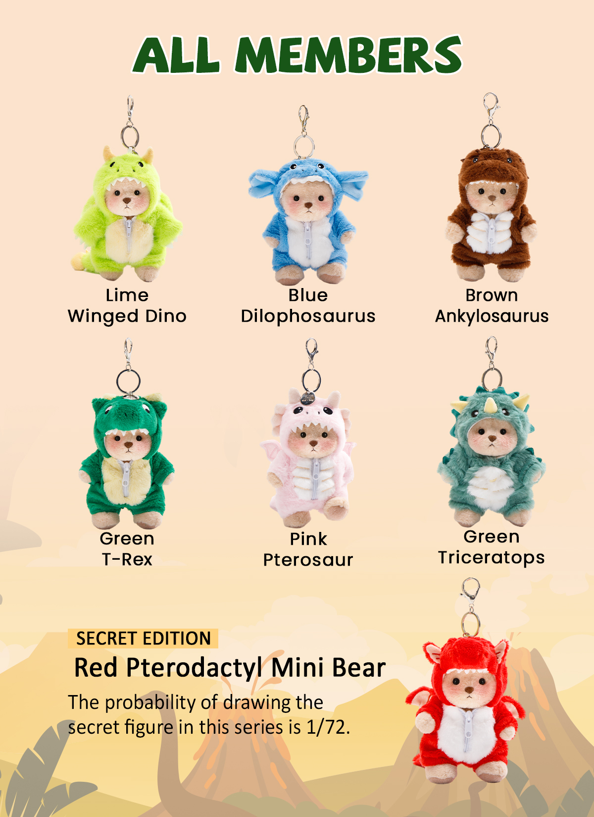 Getahug Jurassic Dino Series Plush Mini Bear Blind Box | 5.9 Inches Bag Charm Keychains Gift