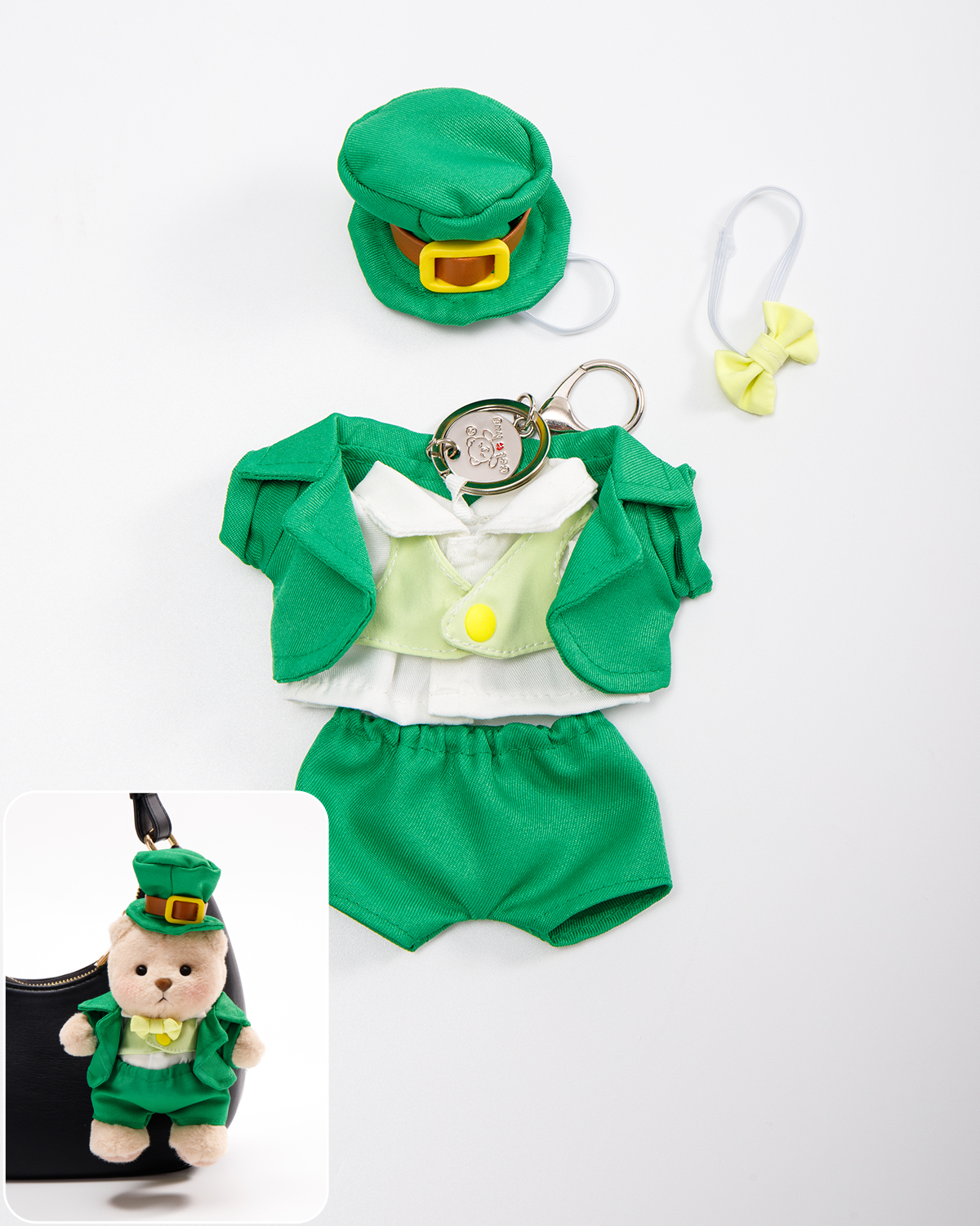 St. Patrick's Day Green Suit Bag Charm Keychains (Outfit Only) | 5.9 Inches Mini Teddy Bear Plush Animal Clothes