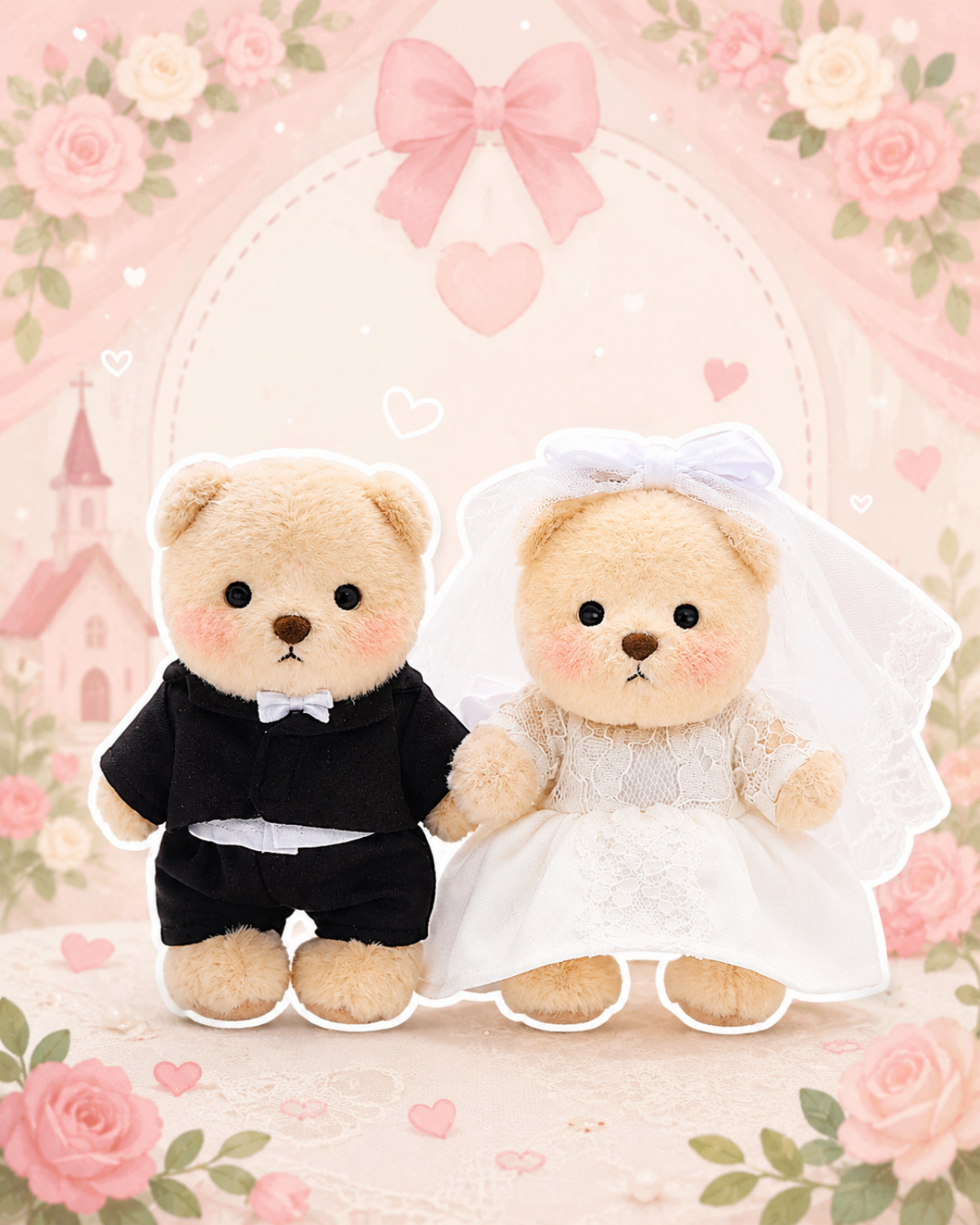 Getahug Romantic Couple Wedding Mini Bear Keychains Gift Bundle | 5.9 Inches Plush Bag Charm Wedding Anniversary Gift