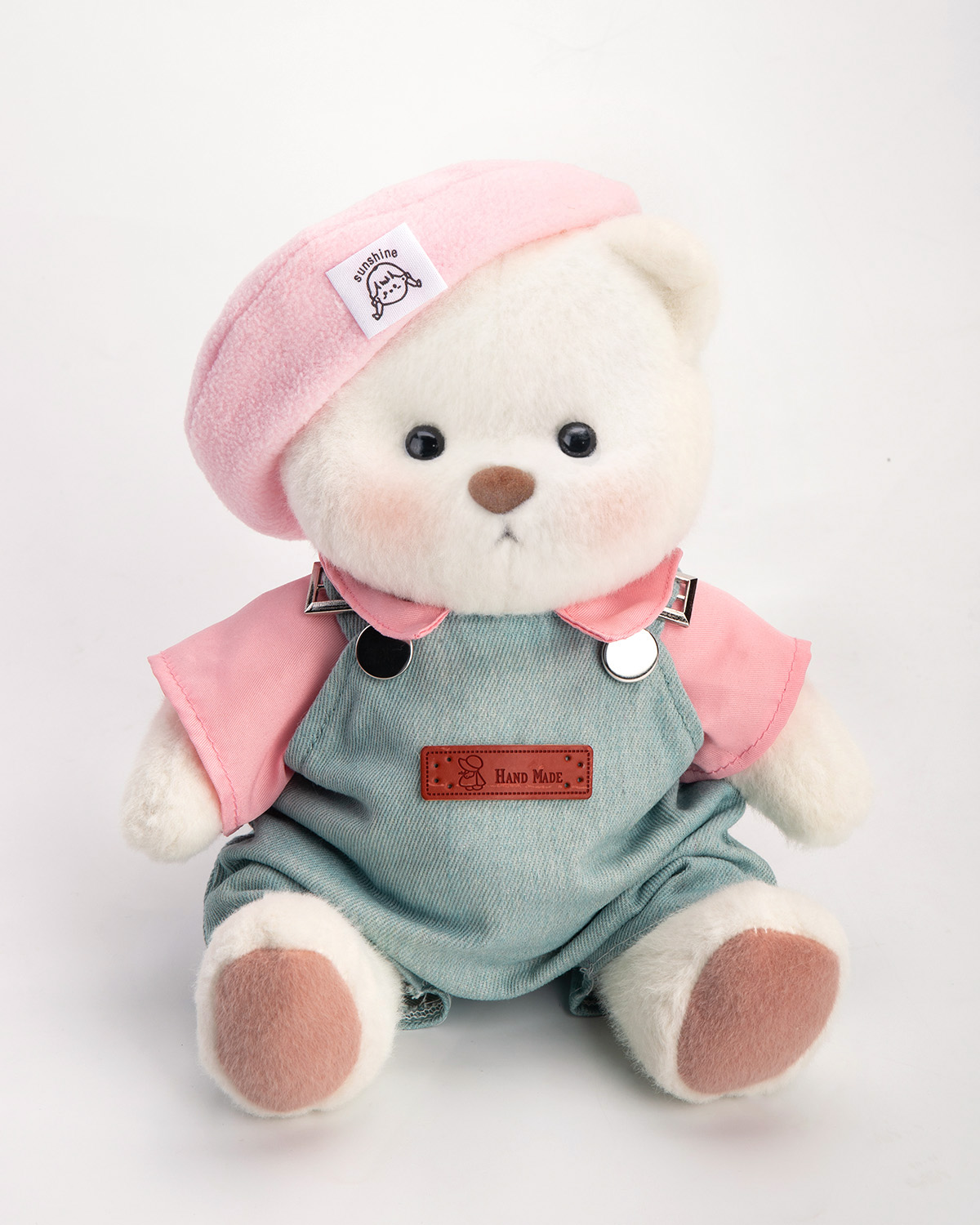 Getahug Pink Beanie Overalls White Teddy Bear | Handmade Jointed Toy Gift