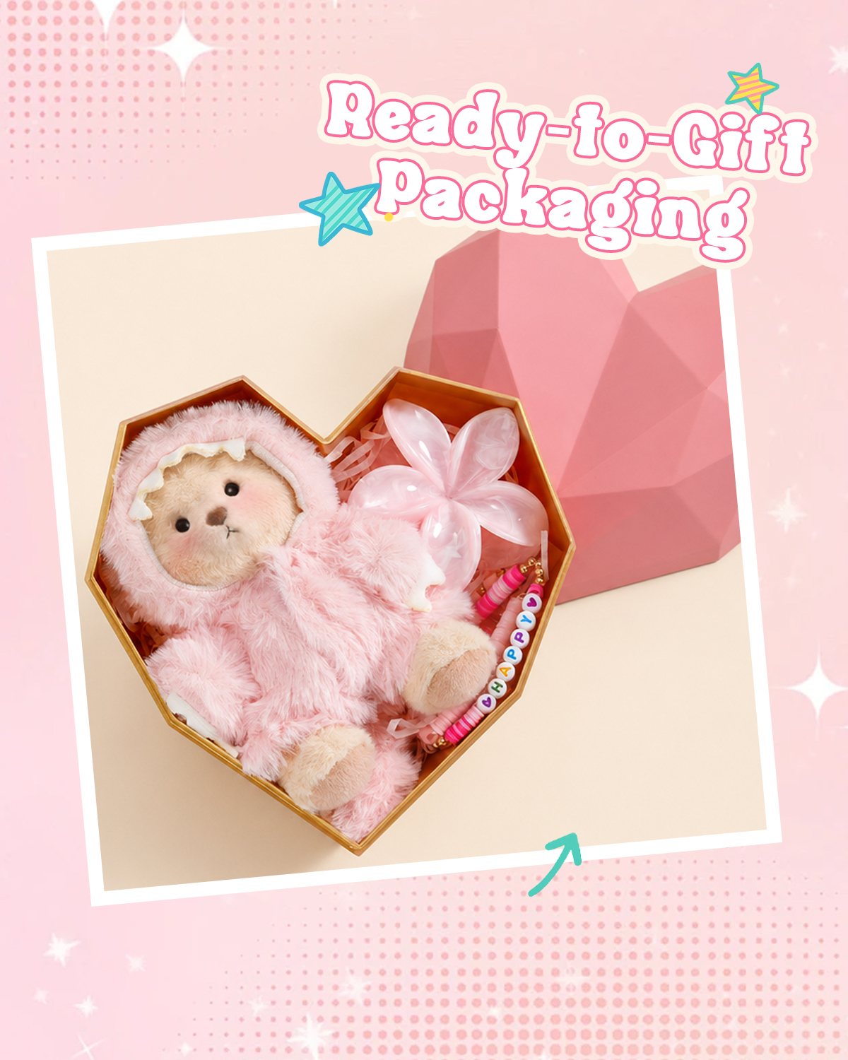 Getahug Pink Dino Teddy Bear Keychain Gift Box | Handmade Jointed Stuffed Animal Birthday Anniversary Gift for Girls