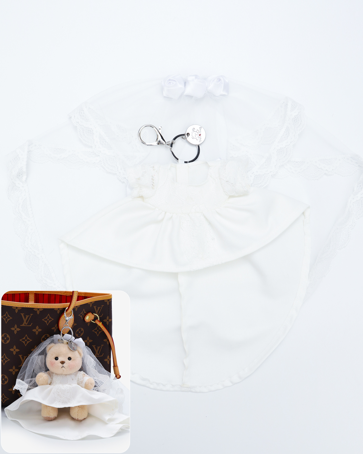 Getahug Romantic Lace Wedding Dress Mini Bear | 5.9 Inches Plush Bag Charm Stuffed Keychain Valentine Gift
