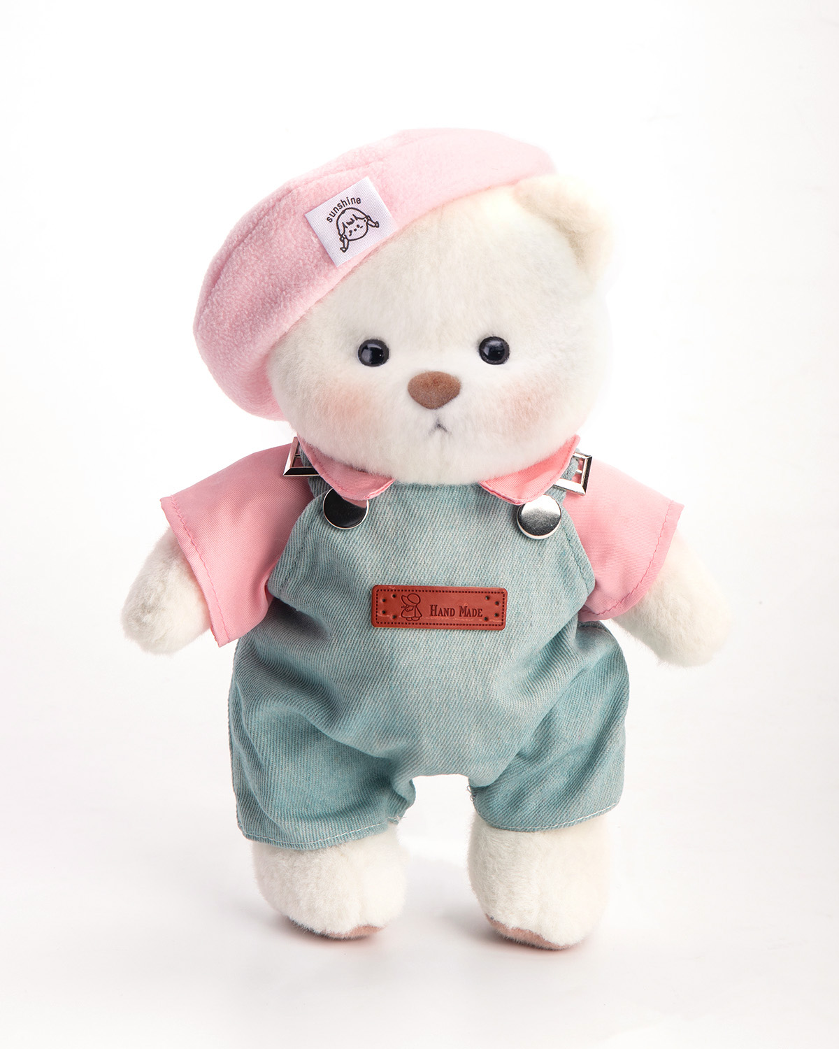 Getahug Pink Beanie Overalls White Teddy Bear | Handmade Jointed Toy Gift
