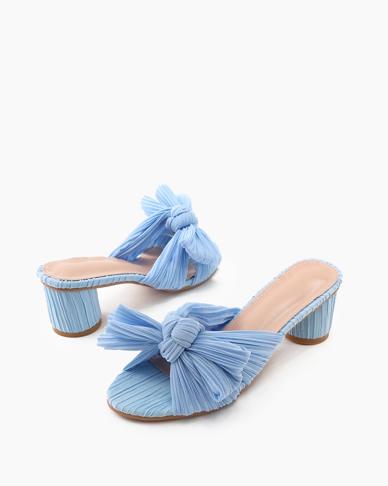 Pleated Bow Open Toe Chunky Block Heel Sandals