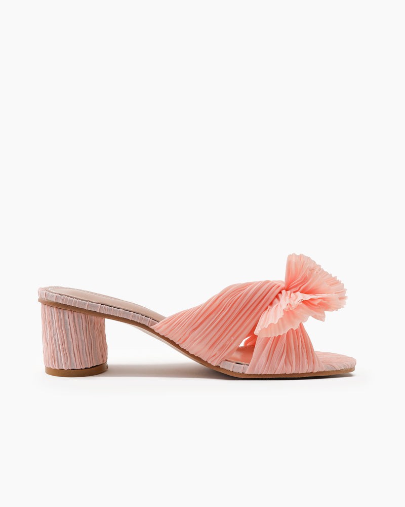 Pleated Bow Open Toe Chunky Block Heel Sandals