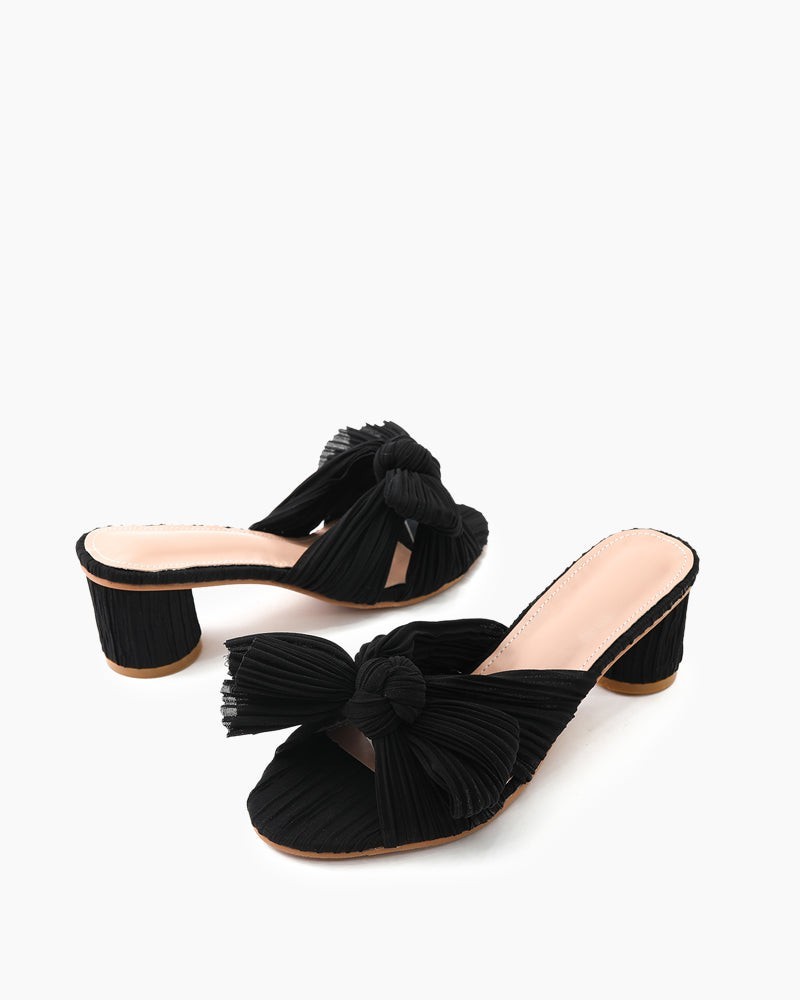 Pleated Bow Open Toe Chunky Block Heel Sandals