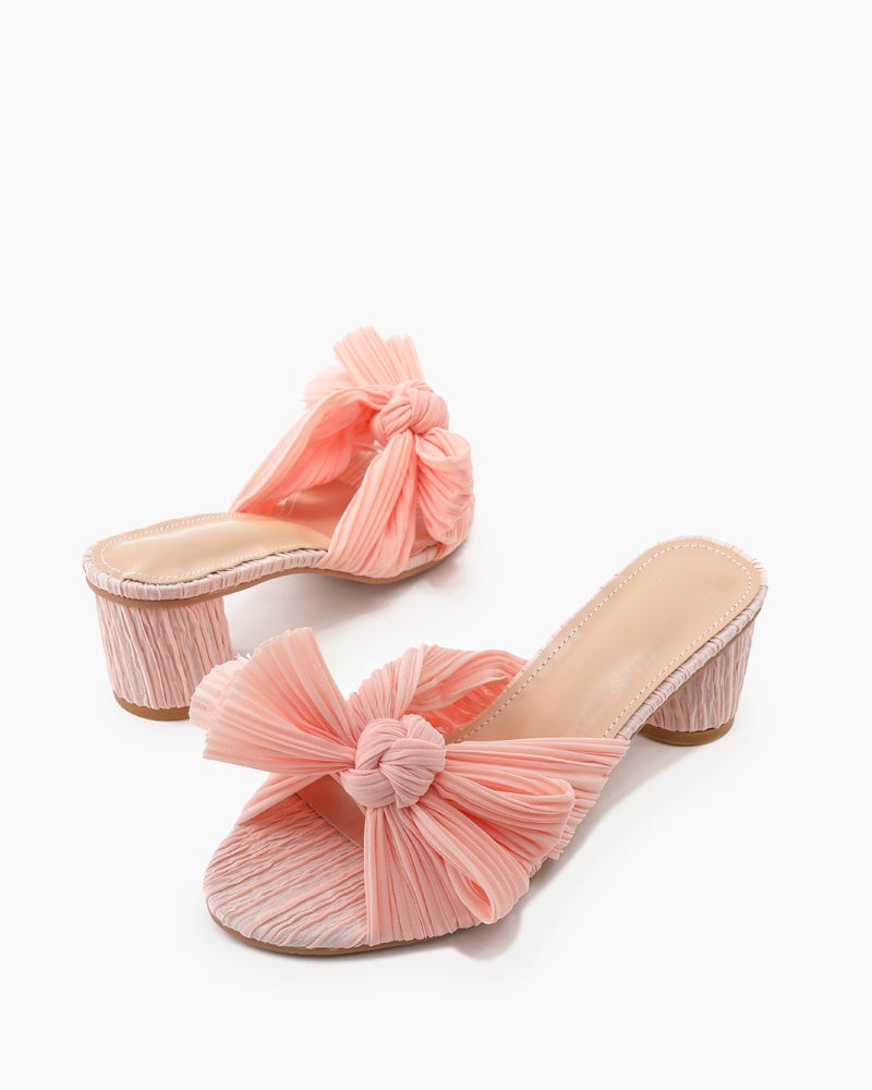 Pleated Bow Open Toe Chunky Block Heel Sandals