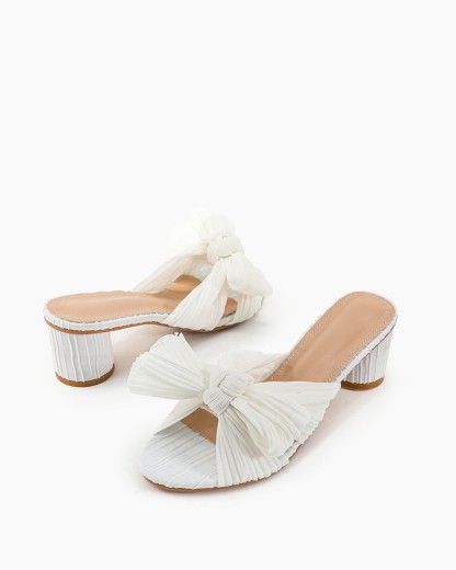 Pleated Bow Open Toe Chunky Block Heel Sandals