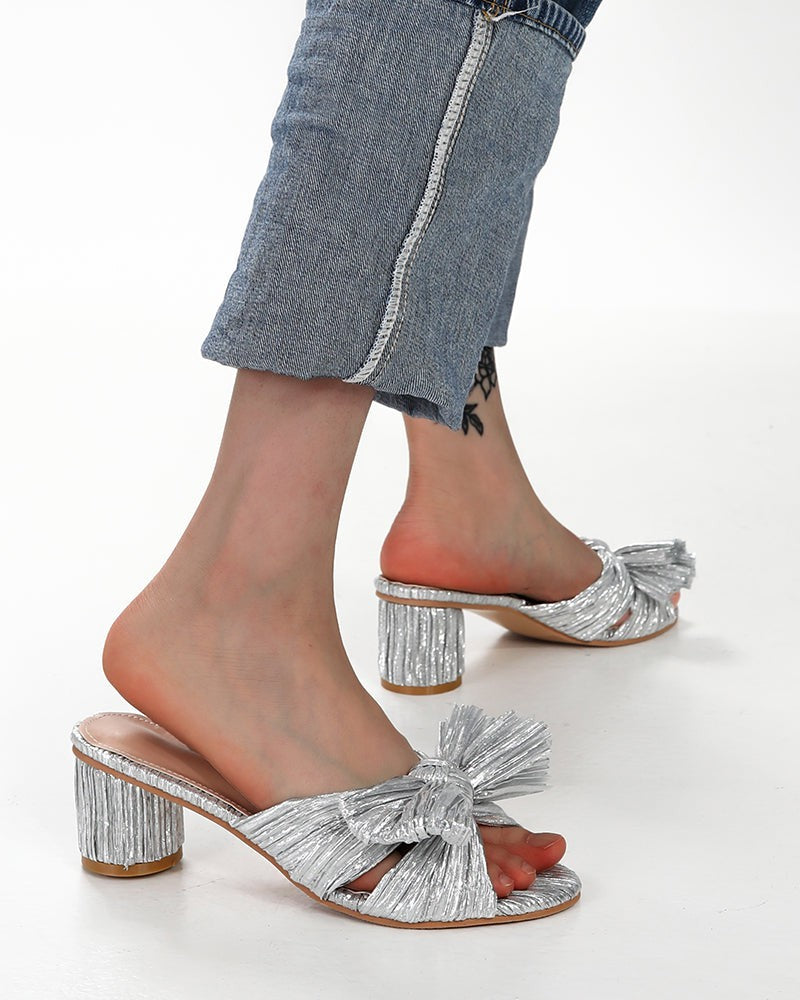 Pleated Bow Open Toe Chunky Block Heel Sandals