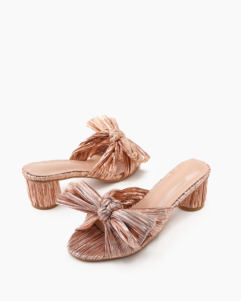 Pleated Bow Open Toe Chunky Block Heel Sandals