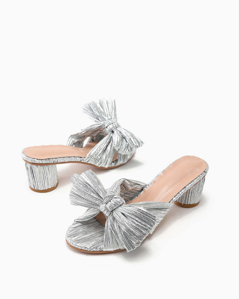 Pleated Bow Open Toe Chunky Block Heel Sandals