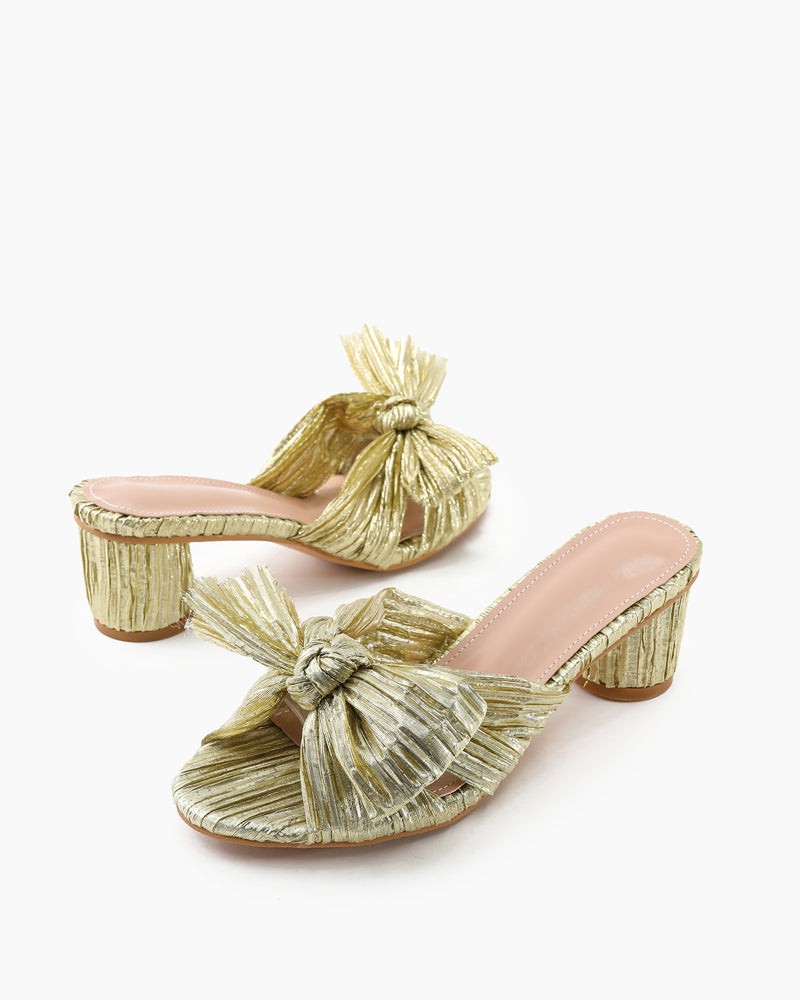 Pleated Bow Open Toe Chunky Block Heel Sandals