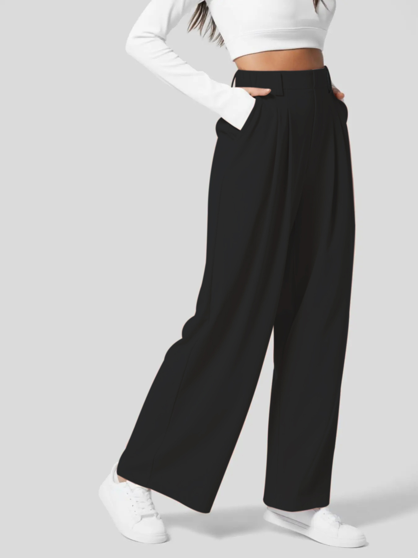 High-Waisted Plicated Wide Leg Waffle Pants