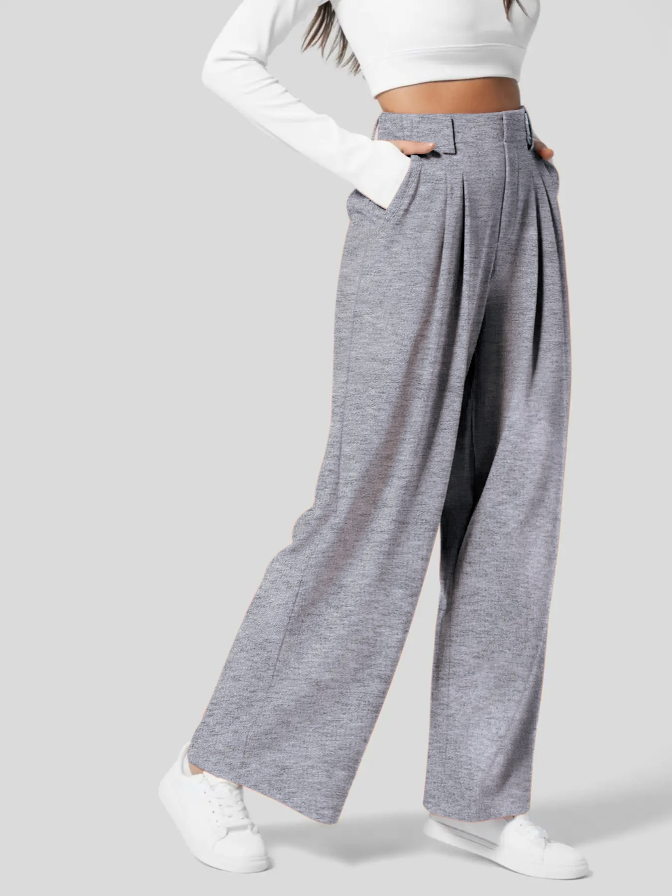 High-Waisted Plicated Wide Leg Waffle Pants