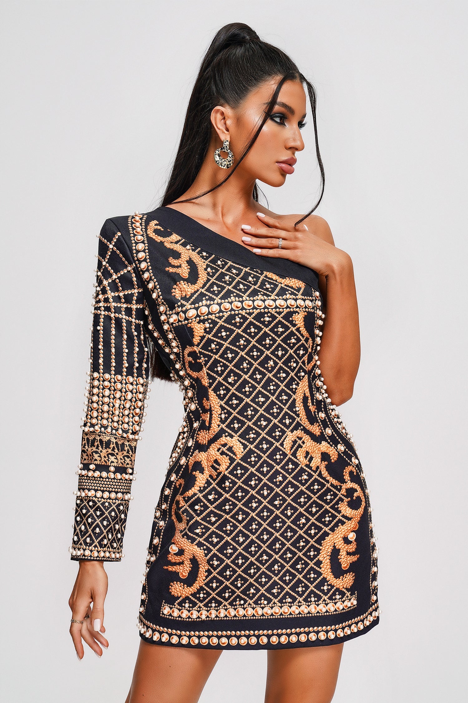 One Shoulder Pearl Mini Dress