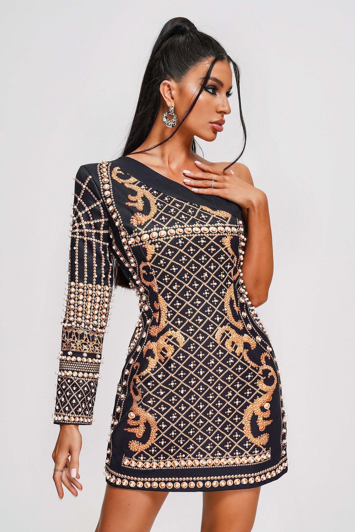 One Shoulder Pearl Mini Dress