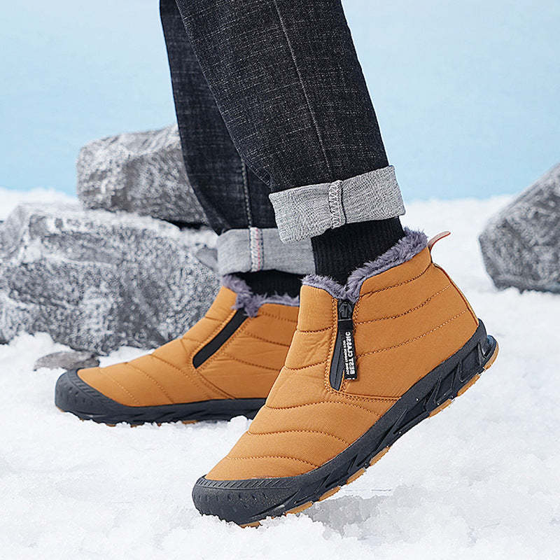 Warm Lined Snow Boots Zip Short Shaft Boots Flat Outdoor Comfortable Non-slip & Waterproof Winter Barefoot Shoe (Unisex)