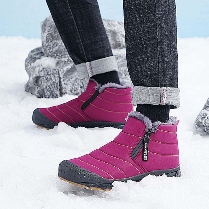 Warm Lined Snow Boots Zip Short Shaft Boots Flat Outdoor Comfortable Non-slip & Waterproof Winter Barefoot Shoe (Unisex)