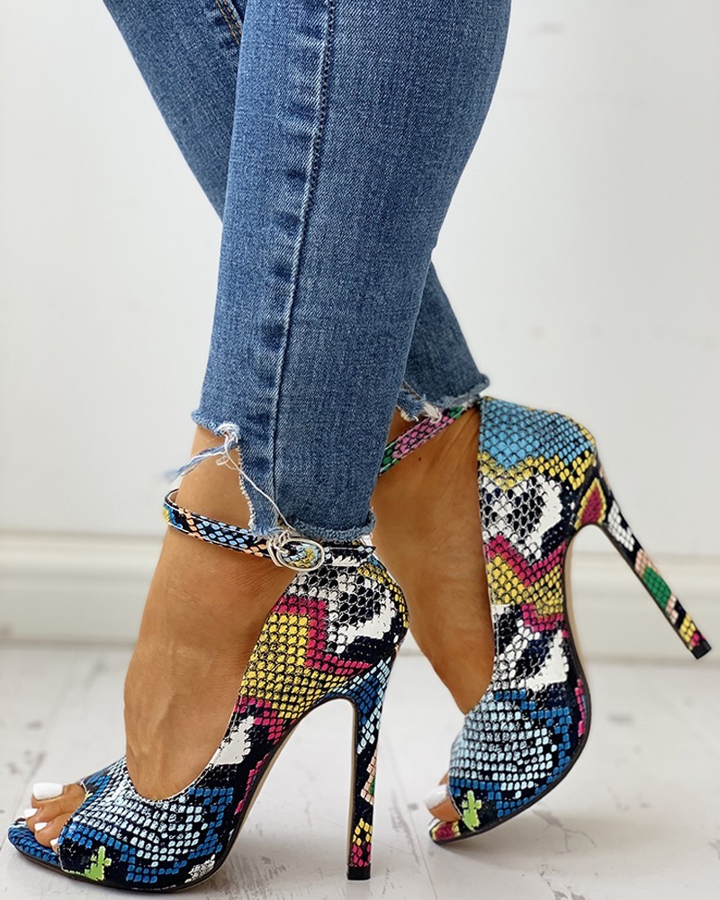 Peep Toe Colours Snakeskin Print Thin Heels