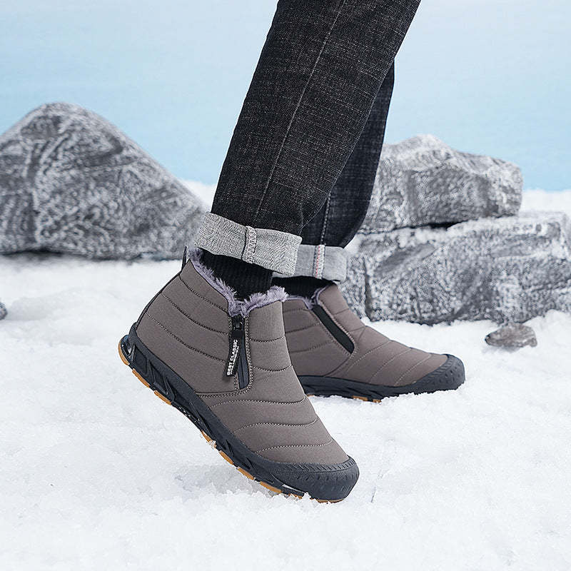 Warm Lined Snow Boots Zip Short Shaft Boots Flat Outdoor Comfortable Non-slip & Waterproof Winter Barefoot Shoe (Unisex)