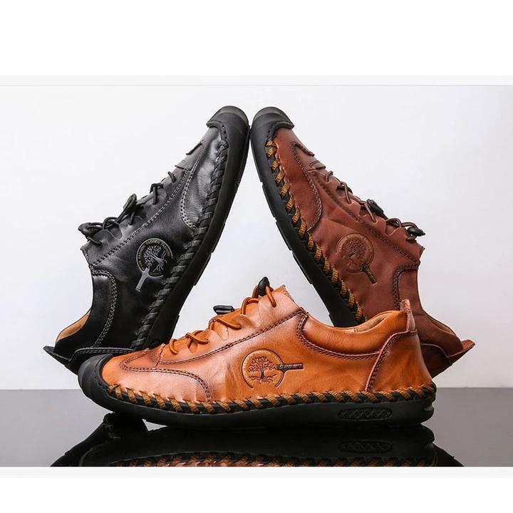 Men Hand Stitching Non Slip Elastic Lace Soft Sole Casual Leather Shoes Grounding shoes