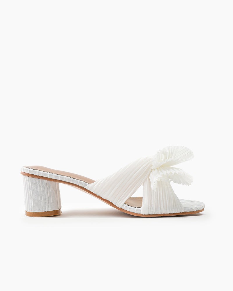 Pleated Bow Open Toe Chunky Block Heel Sandals