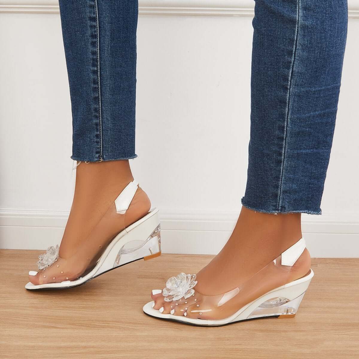 Women's Clear Flower Rhinestone Sparkly Slingback Heels Wedge Sandals