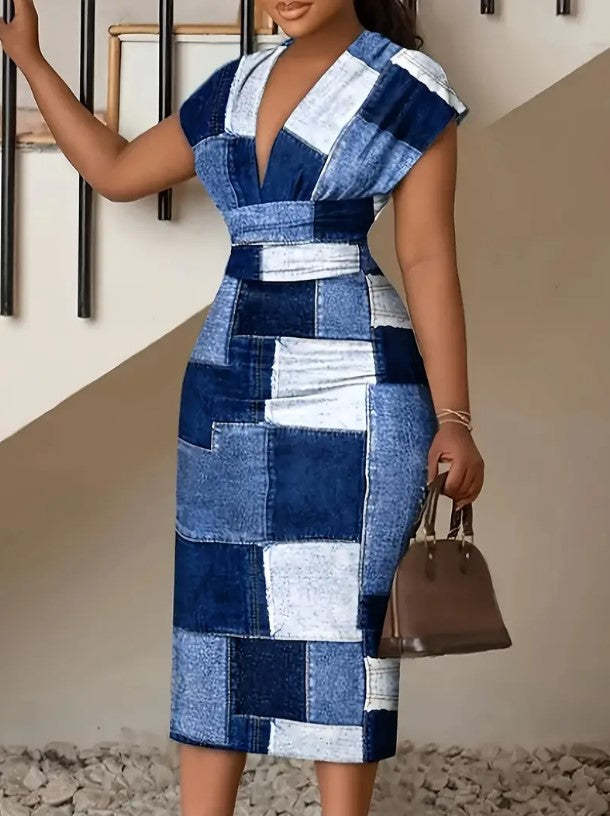 Checkered V-neck Midi Dress