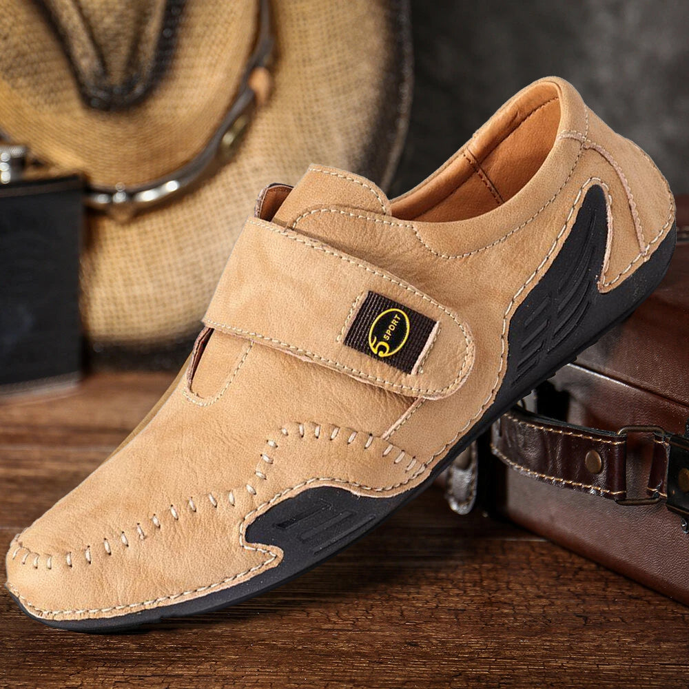 Men's Hand Stitching Leather Hook Loop Soft Casual Driving Shoes